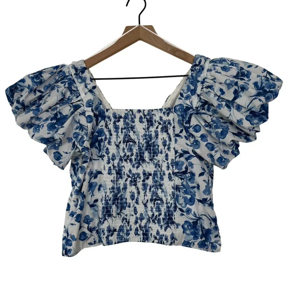 Abercrombie & Fitch Blue Floral Drama Puff Sleeve Poplin Top Size Large